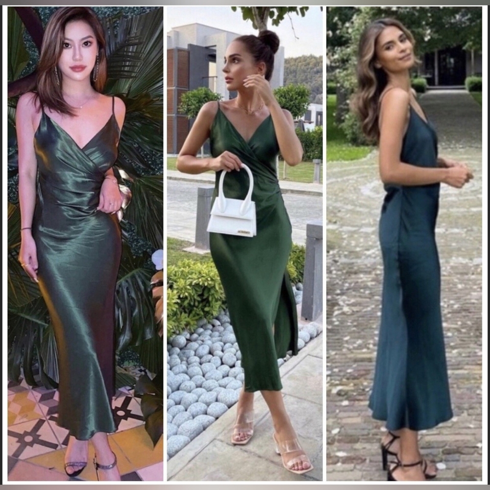 ZARA Green Draped Elegant Green Satin Dress Lingerie Style Size S